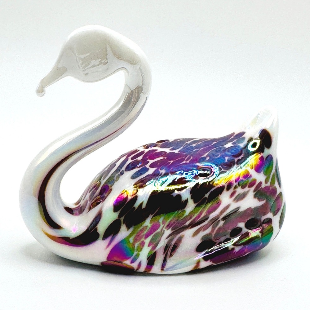 Art Glass Swan Iridescent Figurine White Multicolor Hand Formed Sculpture RARE